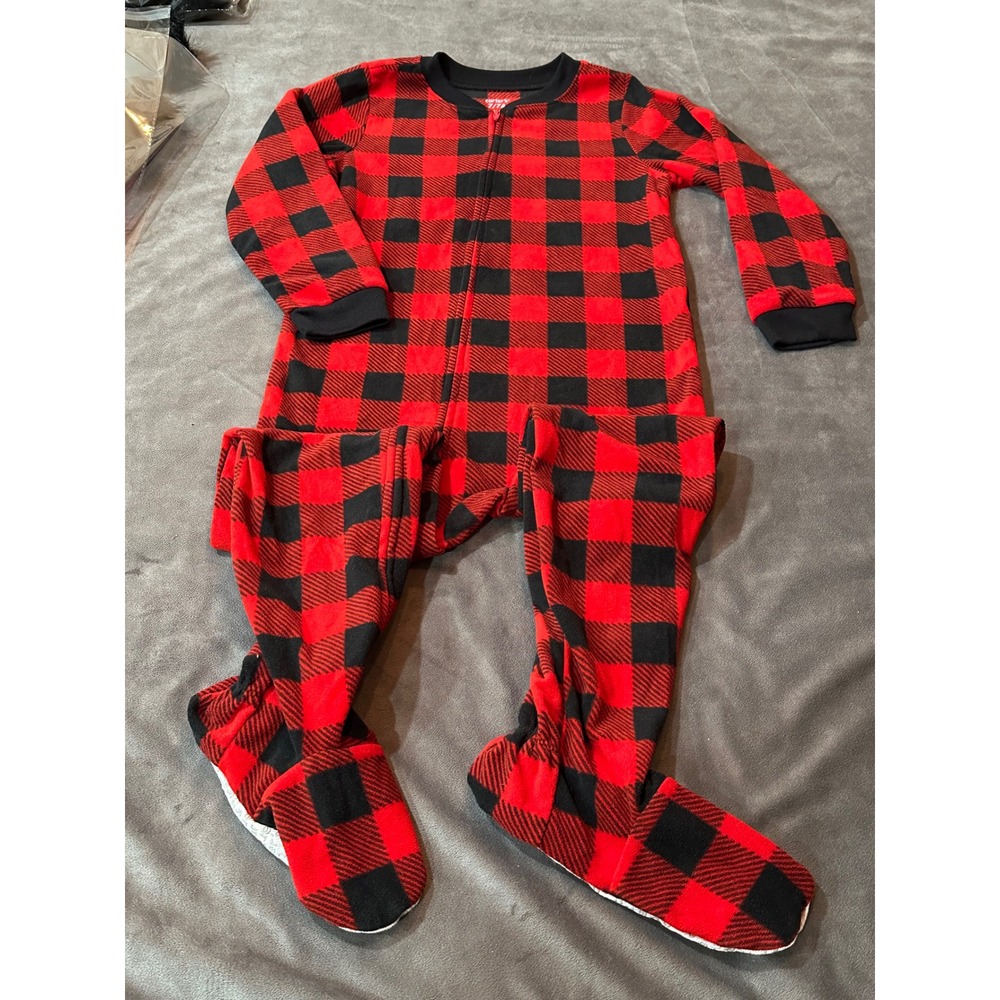 Carters Kids Red Black Buffalo Plaid Fleece Footed Pajamas Sleeper Size 7/7A